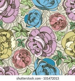 Vector seamless floral pattern with freehand sketch of roses