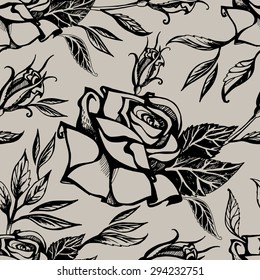 Vector seamless floral pattern, freehand drawing - flowers and leafs