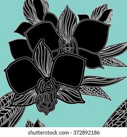 Vector seamless floral pattern, freehand drawing - orchid flowers and leafs