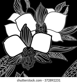 Vector seamless floral pattern, freehand drawing - orchid flowers and leafs