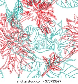 Vector seamless floral pattern, freehand drawing - flowers and leafs