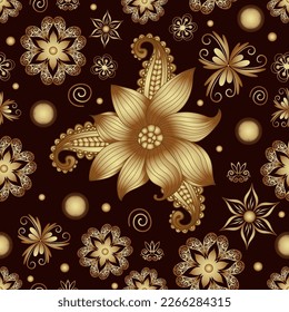 Vector seamless floral pattern with golden gradient flowers and dots   on brown
