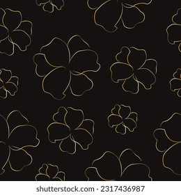 Vector de patrón floral sin fisuras con flores doradas en estilo de arte en línea sobre un fondo negro.
