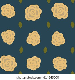 Vector seamless floral pattern with golden roses and green leaves on dark blue background. Usable for bedroom wallpaper, textile, clothes, wrapping paper, packaging.