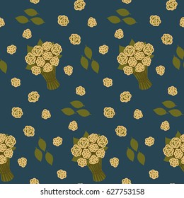 Vector seamless floral pattern with golden roses, bouquets and green leaves on dark blue background. Usable for birthday card, anniversary invitation, gift wrapping paper, textile, scrapbook.