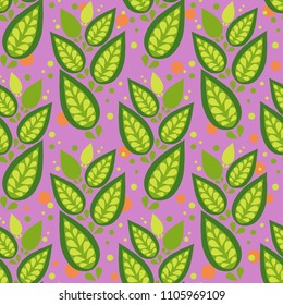 Vector seamless floral pattern. Green leaves on purple background