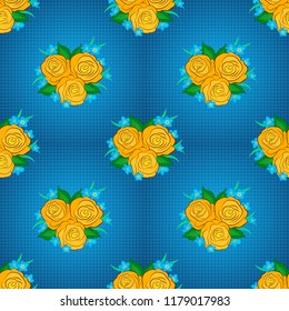Vector seamless floral pattern with green, yellow and blue roses with green leaves, watercolor effect.