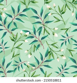 Vector seamless floral pattern with green leaves and small white flowers on a green background