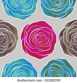 Vector seamless floral pattern with green, blue and red roses, watercolor effect.