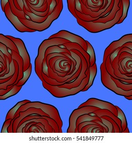 Vector seamless floral pattern with green, red and blue roses, watercolor effect.