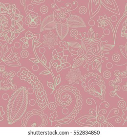 Vector seamless floral pattern. Green pattern on pink background. Seamless pattern with flowers and indian elements. Endless floral pattern, hand-drawn. Perfect for wallpapers, textile print 