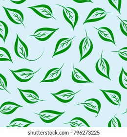 Vector seamless floral pattern from green leaves on a light blue background. Pastel. 