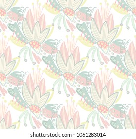Vector seamless floral pattern with hand drawn abstract scribbles, spirales. Stains and spots of paint. Creative background. Freehand style. Design with doodle. Wallpaper, textile, wrapping, cover