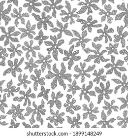 Vector seamless floral pattern from hand drawn lacy black flowers in chaotic order. Trendy millefleurs style, white background. Batik, wallpaper, wrapping paper, chintz textile print