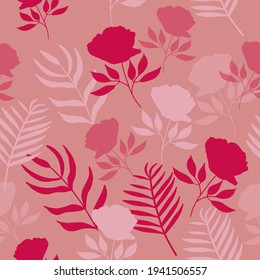 Vector Seamless Floral Pattern with Hand drawn Pink and Beige Roses, Leaves on a Beige Background. Surface design for Greeting card, Fabrics, Wallpaper, Prints.