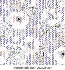 Vector  Seamless Floral Pattern With Hand Drawn Peony And Embroidery Effect