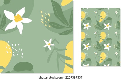 Vector seamless floral pattern. Hand drawn daffodils and abstract shapes. Flat style pattern for wallpapers, textile, prints etc. svg