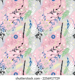 vector seamless floral pattern with hand drawn leaves and plants on pink background.