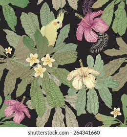 Vector seamless floral pattern from hand drawn hibiscus flowers, yellow Australian parakeet, and fantasy tropical foliage on dark background