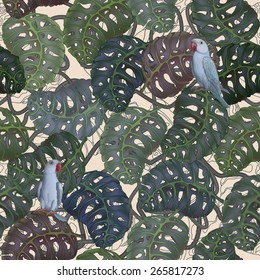 Vector seamless floral pattern from hand drawn fantasy tropical  leaves and blue Indian parrots on light beige background