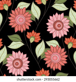 Vector Seamless Floral Pattern. Hand Drawn Floral Texture, Decorative Flowers, Coloring Book
