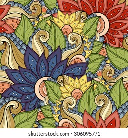 Vector Seamless Floral Pattern. Hand Drawn Floral Texture, Decorative Flowers, Coloring Book