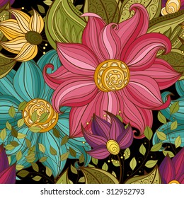 Vector Seamless Floral Pattern. Hand Drawn Floral Texture, Decorative Flowers, Coloring Book
