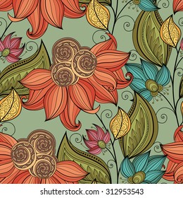 Vector Seamless Floral Pattern. Hand Drawn Floral Texture, Decorative Flowers, Coloring Book