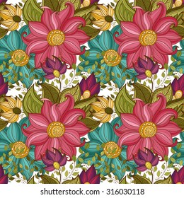 Vector Seamless Floral Pattern. Hand Drawn Floral Texture, Decorative Flowers, Coloring Book