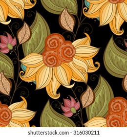 Vector Seamless Floral Pattern. Hand Drawn Floral Texture, Decorative Flowers, Coloring Book