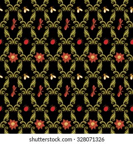 Vector Seamless Floral Pattern. Hand Drawn Floral Texture with Decorative Insects, Decorative Flowers, Coloring Book