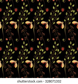 Vector Seamless Floral Pattern. Hand Drawn Floral Texture with Decorative Insects, Decorative Flowers, Coloring Book