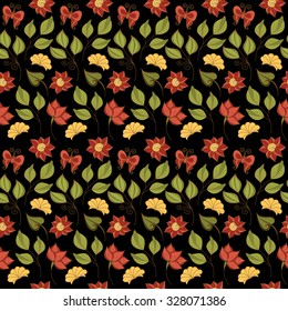 Vector Seamless Floral Pattern. Hand Drawn Floral Texture with Decorative Insects, Decorative Flowers, Coloring Book