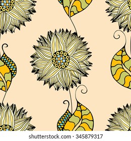 Vector Seamless Floral Pattern. Hand Drawn Floral Texture, Decorative Flowers, Coloring Book