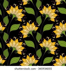 Vector Seamless Floral Pattern. Hand Drawn Floral Texture, Decorative Flowers, Coloring Book