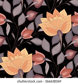 Vector Seamless Floral Pattern. Hand Drawn Texture with Flowers, Paisley Garden Style