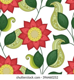 Vector Seamless Floral Pattern. Hand Drawn Texture with Flowers, Paisley Garden Style