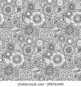 Vector seamless floral pattern with hand drawn fancy doodle flowers. Monochrome endless background. 