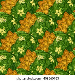 Vector Seamless Floral Pattern. Hand Drawn Texture with Flowers, Paisley Garden Style