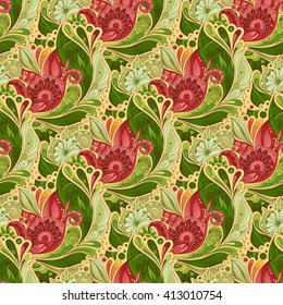 Vector Seamless Floral Pattern. Hand Drawn Texture with Flowers, Paisley Garden Style