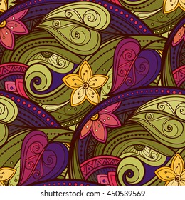 Vector Seamless Floral Pattern. Hand Drawn Texture with Flowers, Paisley Garden Style