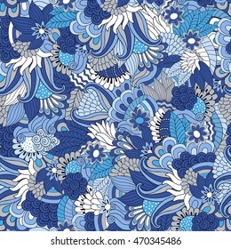 Vector seamless floral pattern with hand drawn fantasy plants and flowers, pattern can be used for wallpaper, pattern fills, surface textures