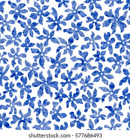 Vector seamless floral pattern from hand drawn stylized small flowers in chaotic order. Trendy millefleurs style, watercolor texture. Batik, wallpaper, wrapping paper, chintz textile print,album cover