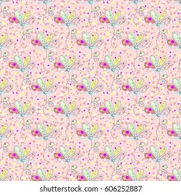 Vector seamless floral pattern Hand drawn outline decorative endless background with cute drawn flowers, decorative elements Graphic illustration. Line drawing. Print for wrapping, background, decor