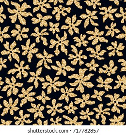 Vector seamless floral pattern from hand drawn small flowers in chaotic order with golden texture. Trendy floral style, batik, black wallpaper, wrapping paper, chintz textile print, album cover