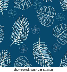 Vector seamless floral pattern of hand-drawn pink and green lines on blue background of monstera leaves and tropical plumeria flowers.