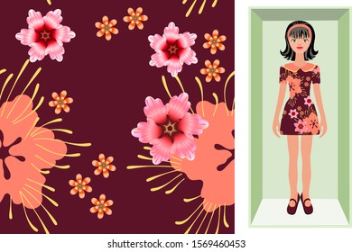 Vector seamless floral pattern with hand-drawn flowers for fabric, wrapping, scarf, hijab. Cartoon brunette doll in a cardboard box in a dress with a print pattern of flowers on a burgundy background