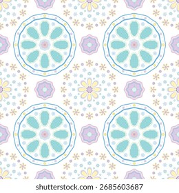 Vector seamless floral pattern with hand-drawn pink flowers and green leaves