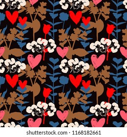 Vector seamless floral pattern with hearts and shapes of plants. Colorful silhouettes on black background. Luxury valentine day background with hearts, love symbols, flowers. Floral silhouette texture