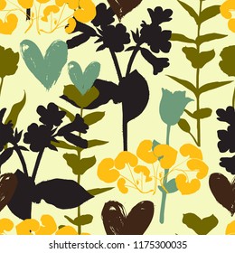 Vector seamless floral pattern with hearts and shapes of plants. Colorful silhouettes on organic background. Luxury valentine day background with heart, love symbol, flowers. Floral silhouette texture